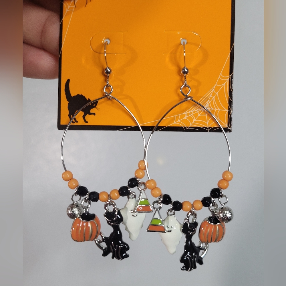 Halloween Themed Hoop Earrings with Charms. Cat. Pumpkin. Ghost